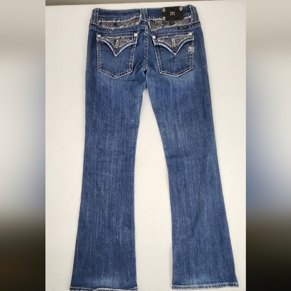 Miss Me Medium Wash Boot Cut Denim Jeans Black lace And Jewel Embellishments - Picture 2 of 13